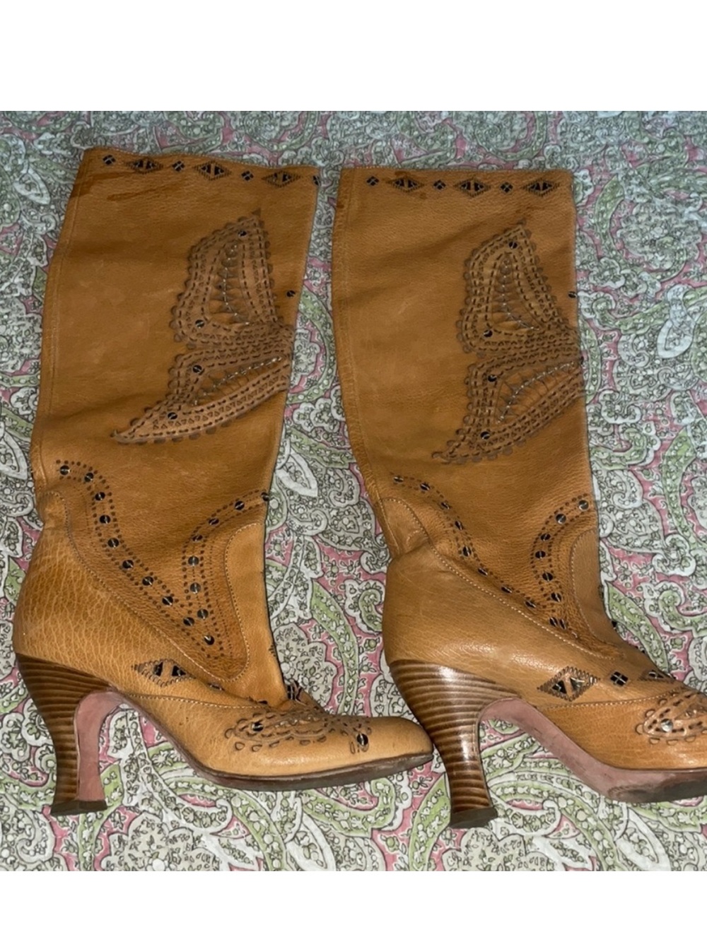 Rare Anna Sui Butterfly Leather Knee High Boots Tan 37.5 EU Y2K Boho